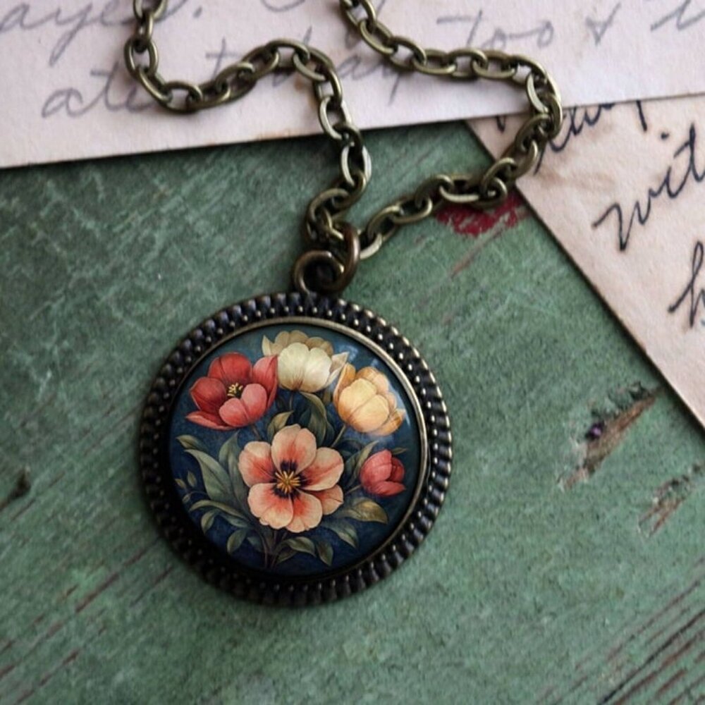 Moody Tulip Flowers Necklace - Bronze Floral Ornate Pendant - Vintage‎ Jewelry - Picture 4 of 6